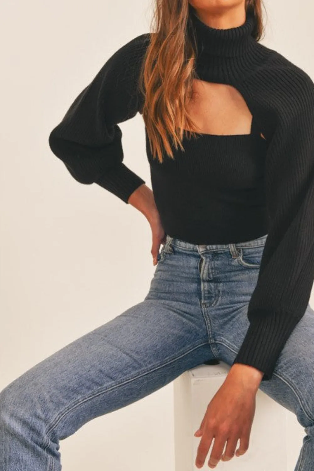 * TURTLENECK SHRUG SWEATER SET BLACK