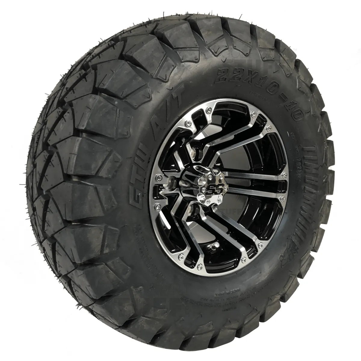 10" Terminator Black/Machined Aluminum Golf Cart Wheels and 22x10-10 GTW Timberwolf DOT All Terrain Off Road Golf Cart Tires Combo - Set of 4