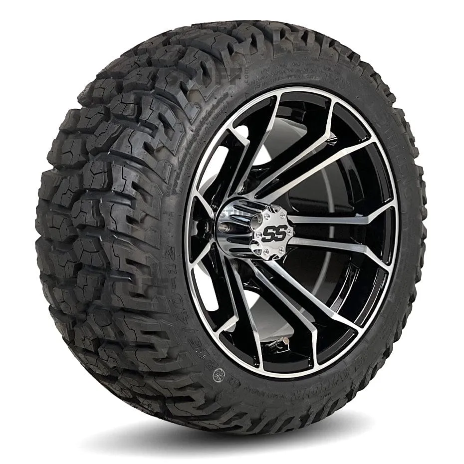 12" Spyder Black/Machined Golf Cart Wheels and All Terrain Tires Combo - Set of 4