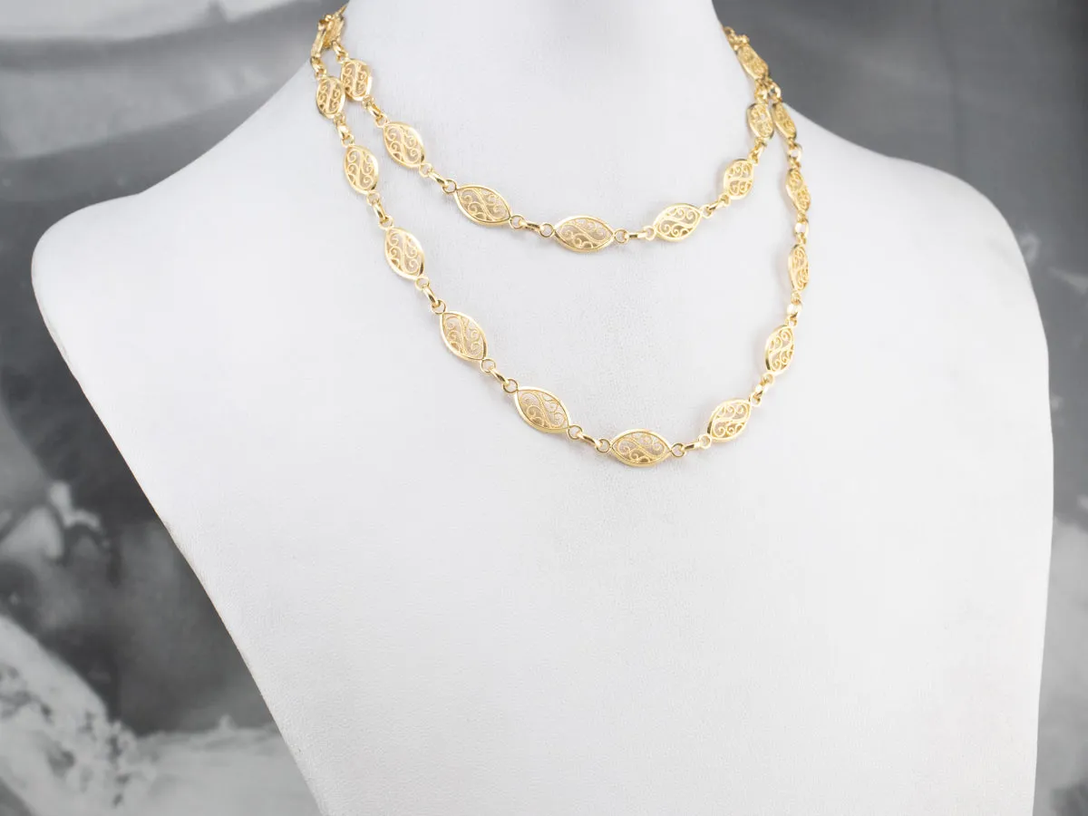 18K Gold Filigree Link Chain Necklace