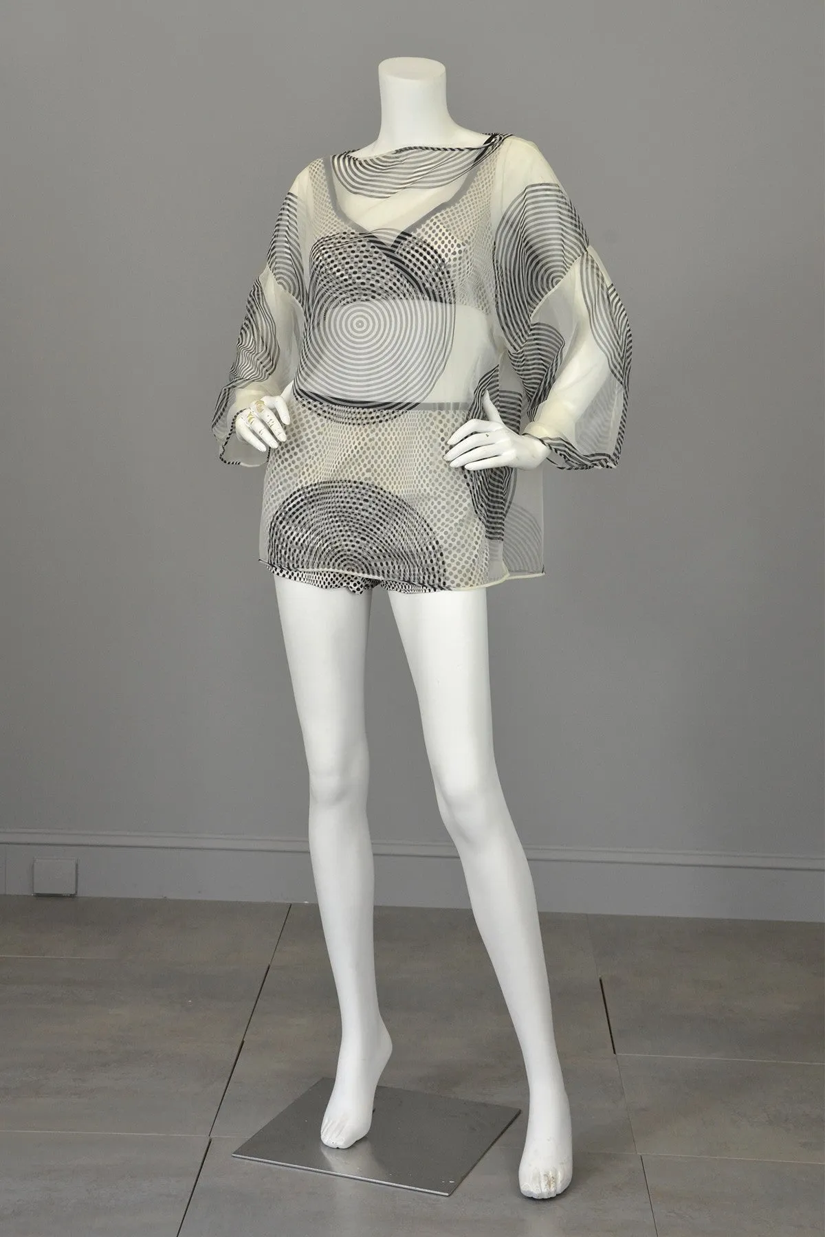 1960s Black White Polka Dot Pinup Swimsuit and matching Bull's Eye Cover-Up by Rose Marie Reid