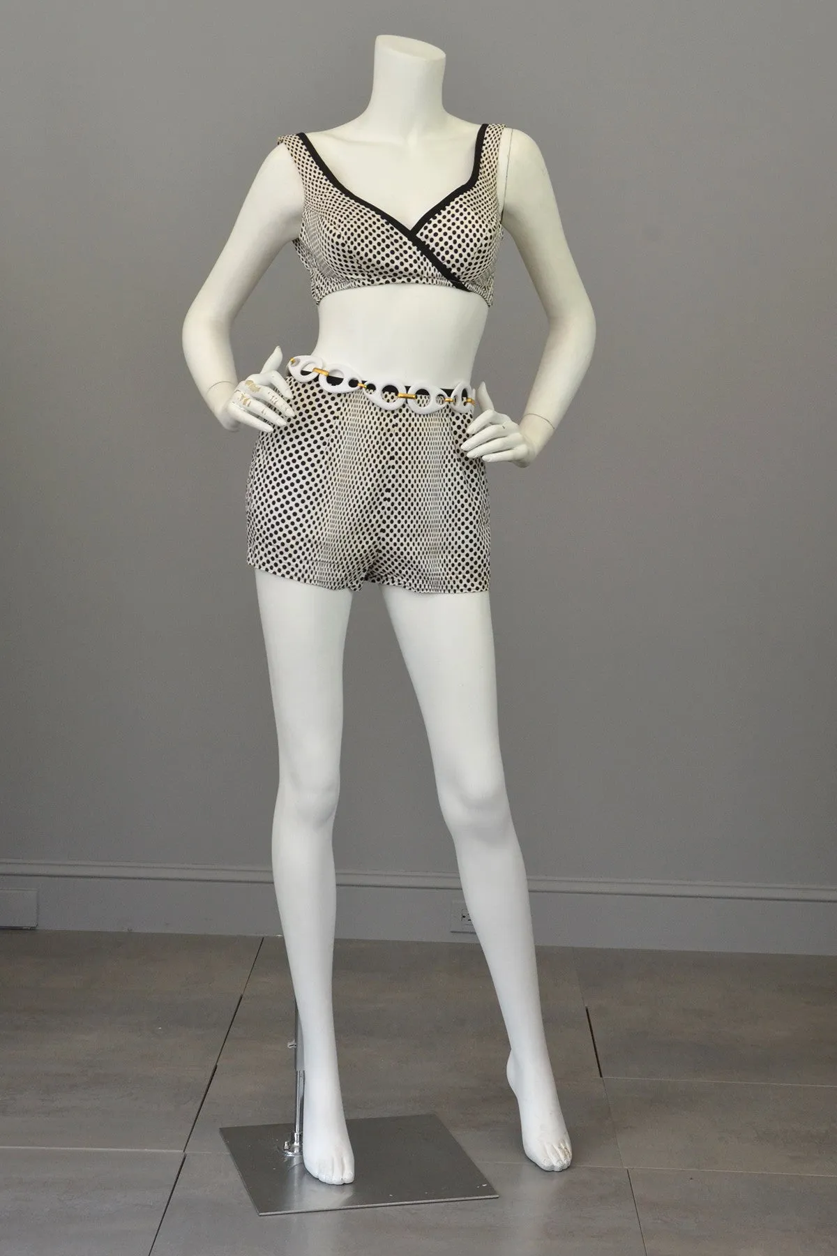 1960s Black White Polka Dot Pinup Swimsuit and matching Bull's Eye Cover-Up by Rose Marie Reid