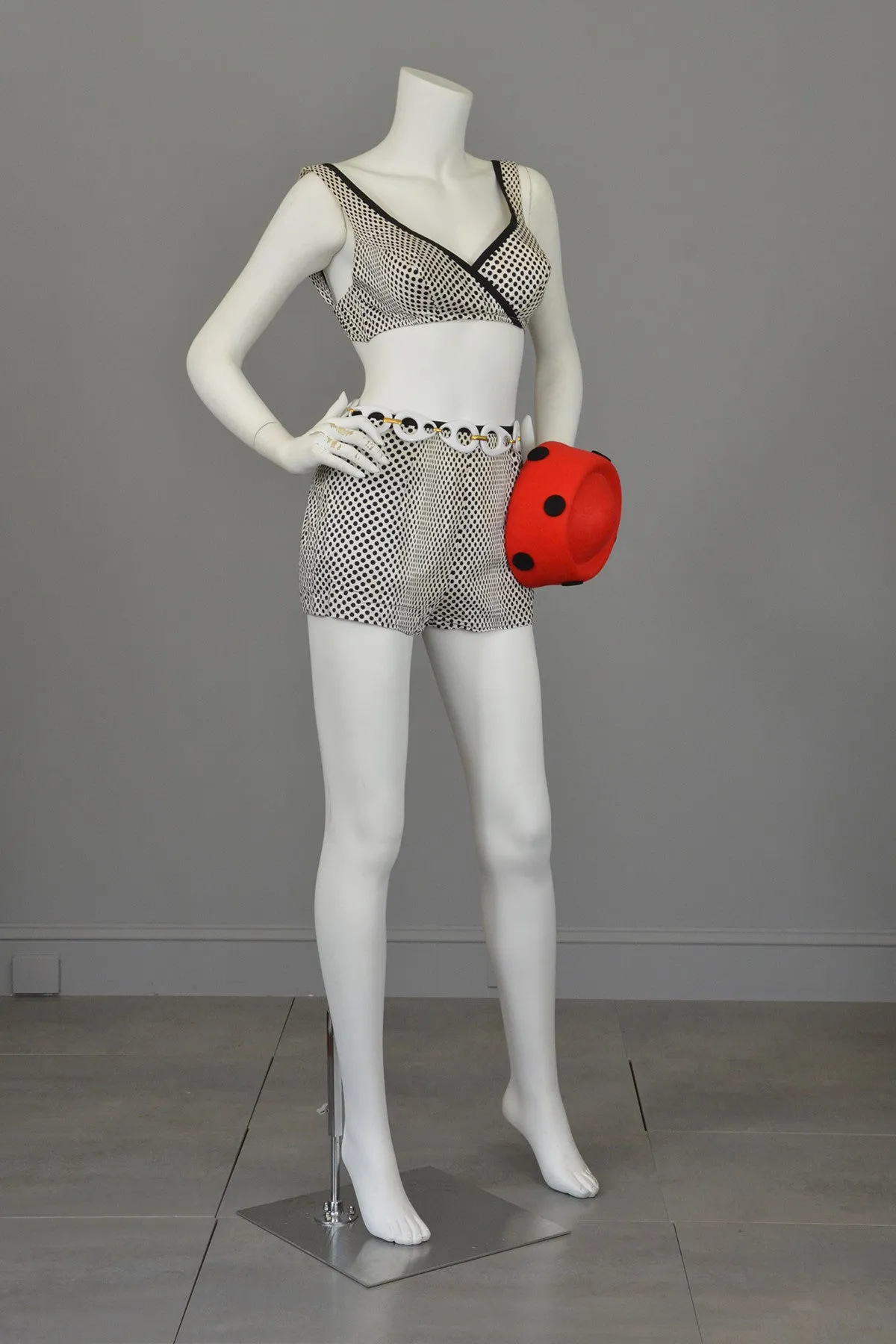 1960s Black White Polka Dot Pinup Swimsuit and matching Bull's Eye Cover-Up by Rose Marie Reid