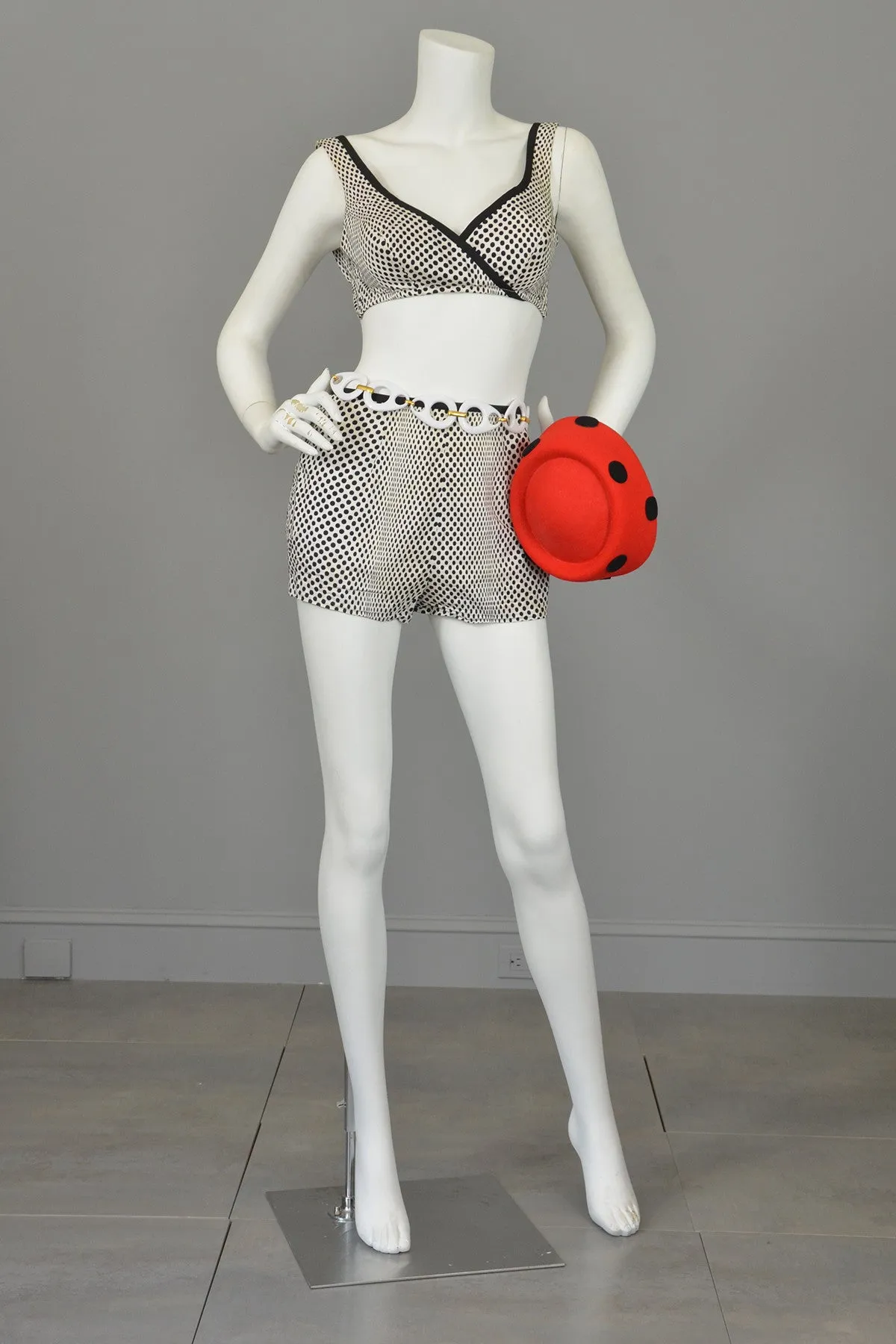 1960s Black White Polka Dot Pinup Swimsuit and matching Bull's Eye Cover-Up by Rose Marie Reid