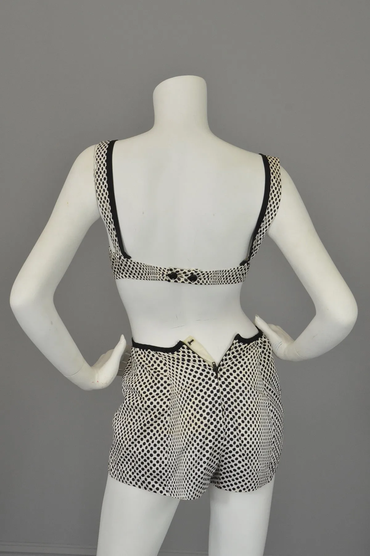 1960s Black White Polka Dot Pinup Swimsuit and matching Bull's Eye Cover-Up by Rose Marie Reid