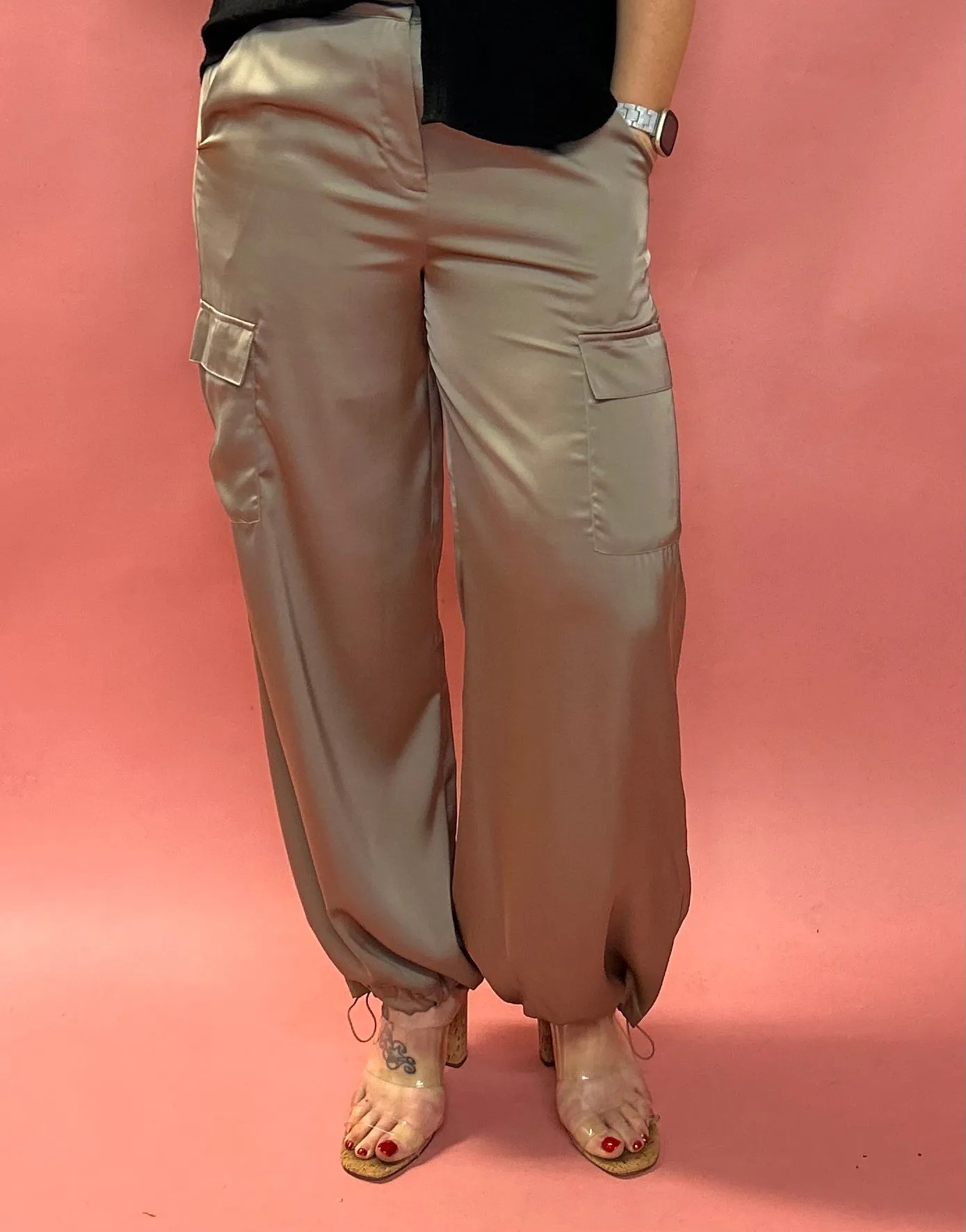 Alana Pocketed Satin Cargo Joggers in  Taupe