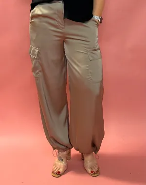 Alana Pocketed Satin Cargo Joggers in  Taupe