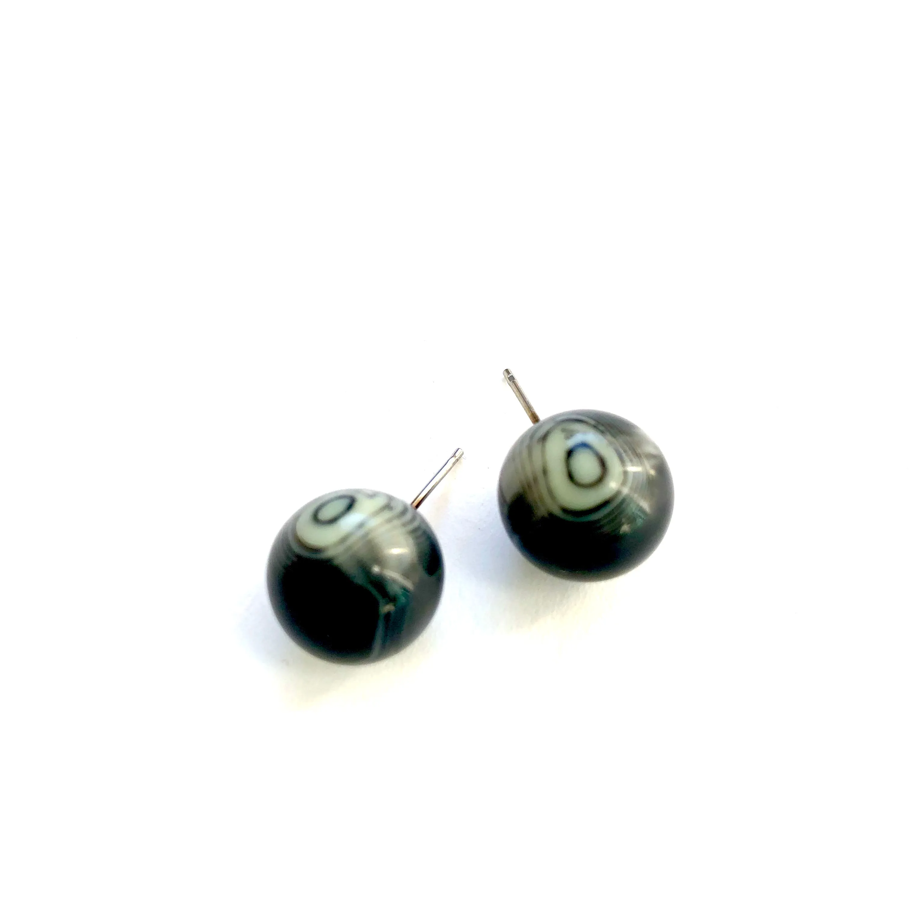 Black and Cream Marbled Agate Ball Stud Earrings