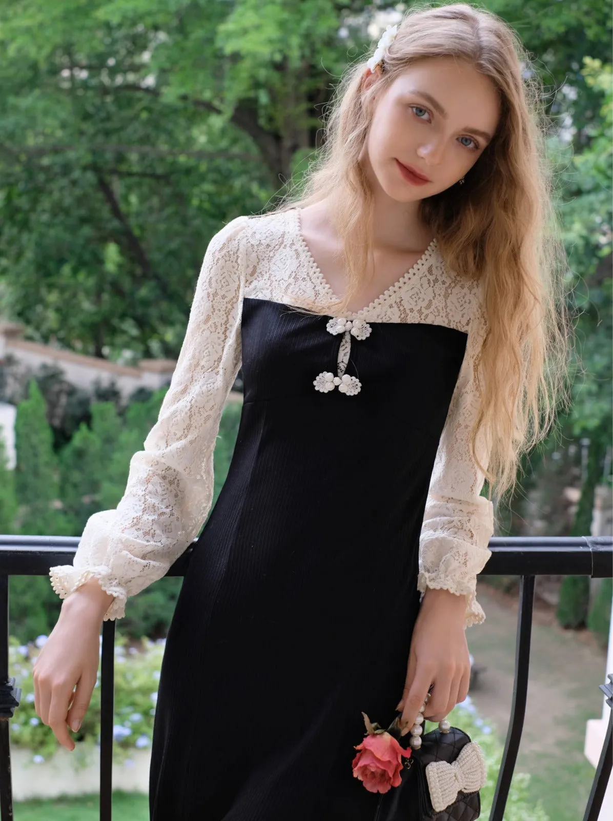Black Splicing China Lace Dress Retro V-Neck