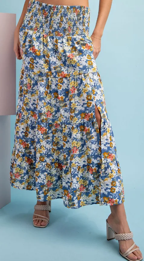 Blue Floral Midi Skirt