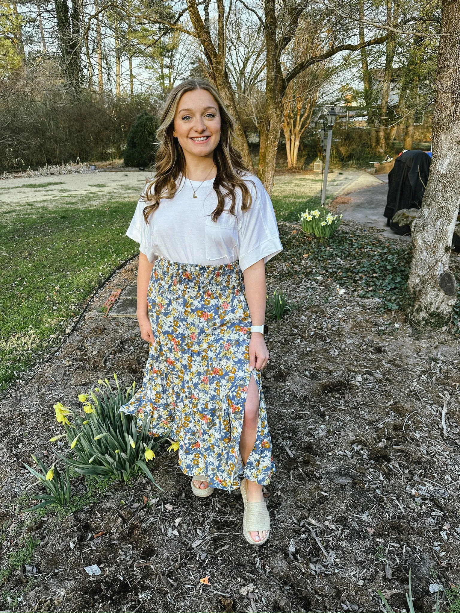 Blue Floral Midi Skirt