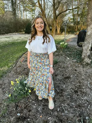 Blue Floral Midi Skirt