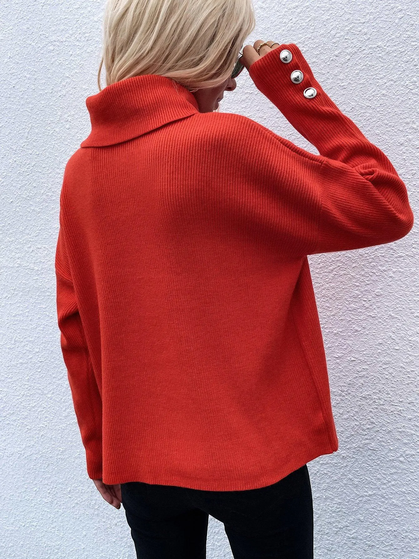 Blue Zone Planet |  Button Detail Rib-Knit Turtleneck Sweater