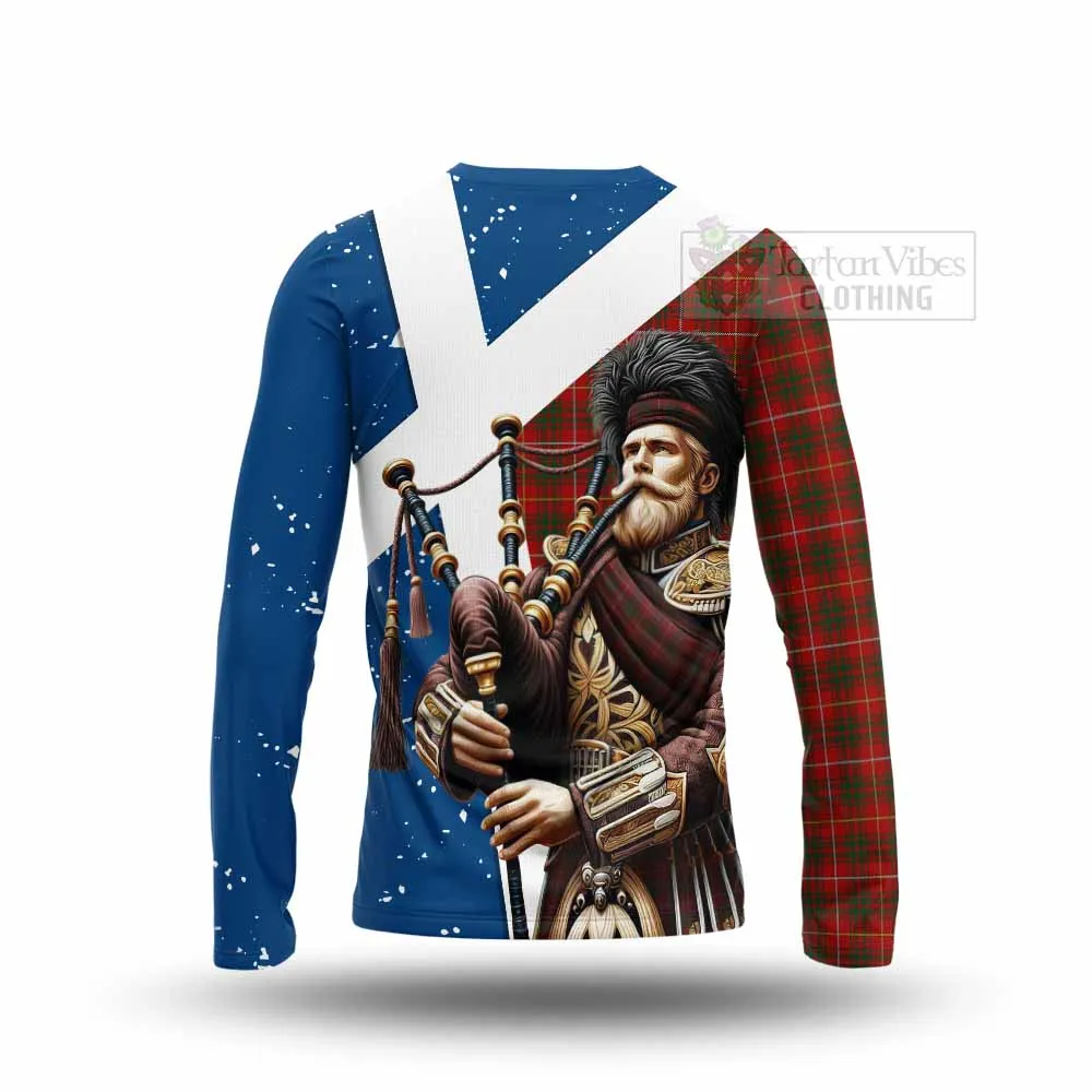 Bruce Tartan Long Sleeve T-Shirt with Family Crest Scottish Bagpiper Vibes