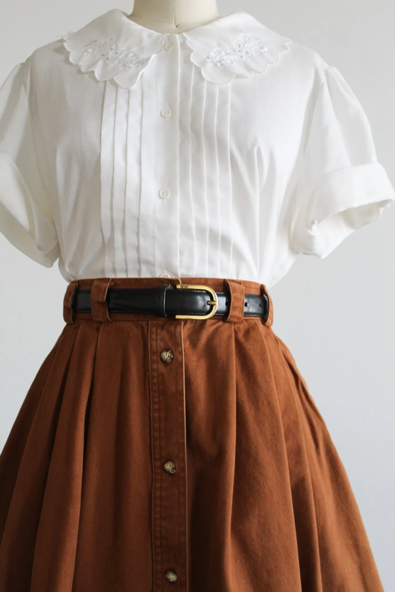 button front clay cotton midi skirt