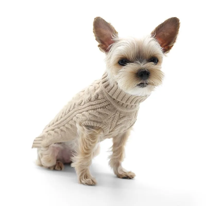 Cable Turtleneck Dog Sweater Beige