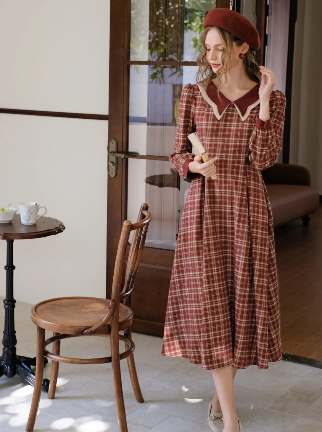 Check Dress Latte Butterfly Retro Black Tea Collar French