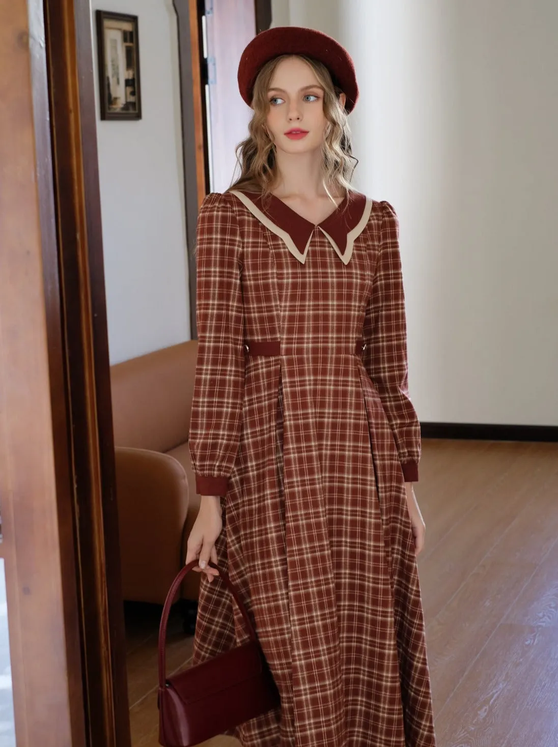 Check Dress Latte Butterfly Retro Black Tea Collar French