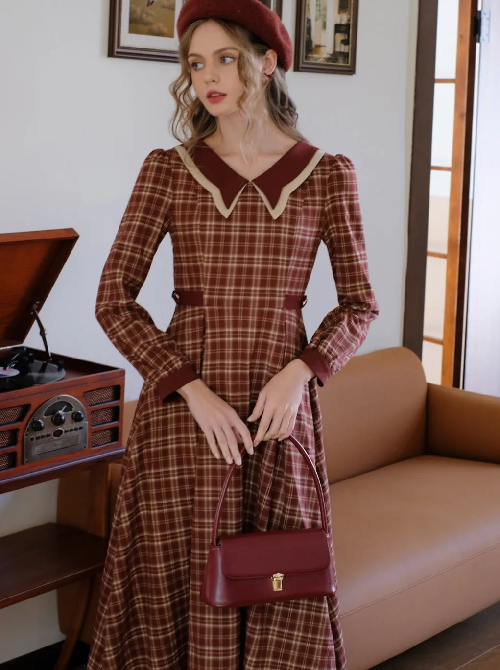 Check Dress Latte Butterfly Retro Black Tea Collar French