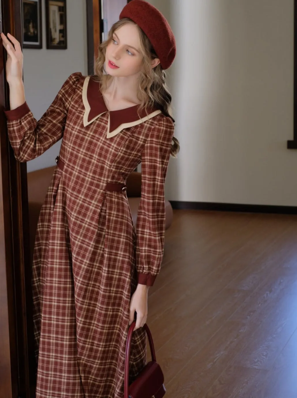 Check Dress Latte Butterfly Retro Black Tea Collar French