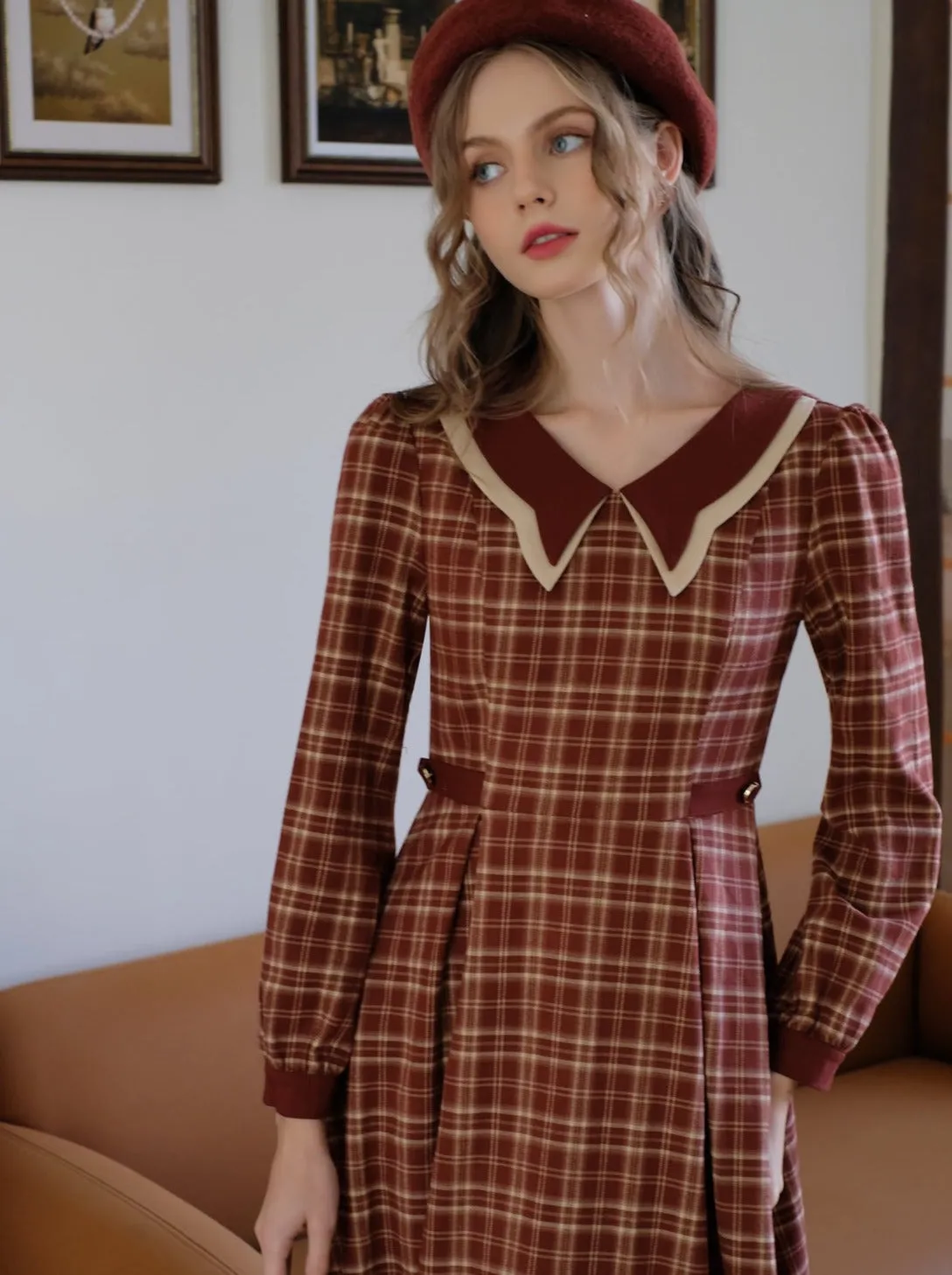 Check Dress Latte Butterfly Retro Black Tea Collar French
