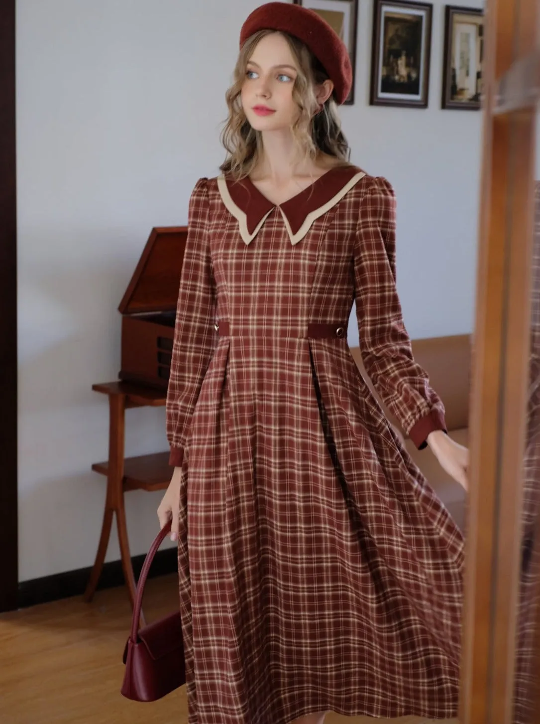 Check Dress Latte Butterfly Retro Black Tea Collar French