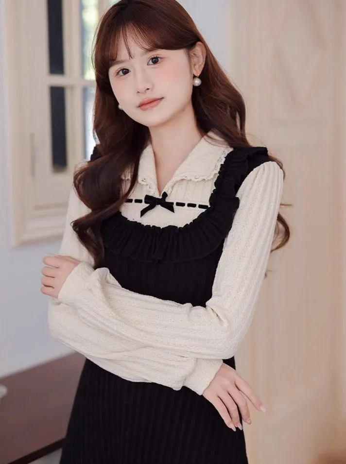 Dress French Piece Girly Faux Two Retro