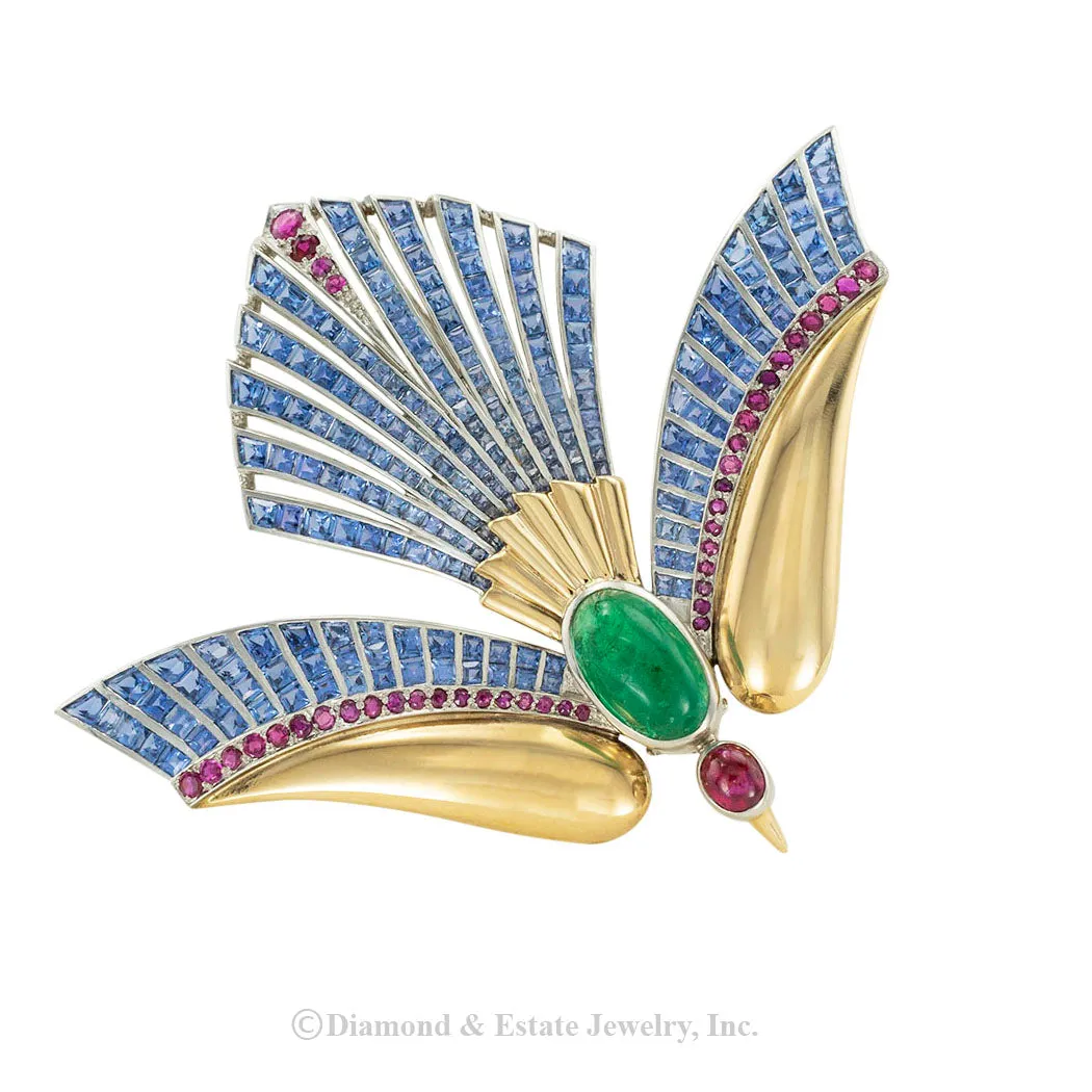 Emerald Ruby Sapphire Gold Phoenix Bird Clip Brooch