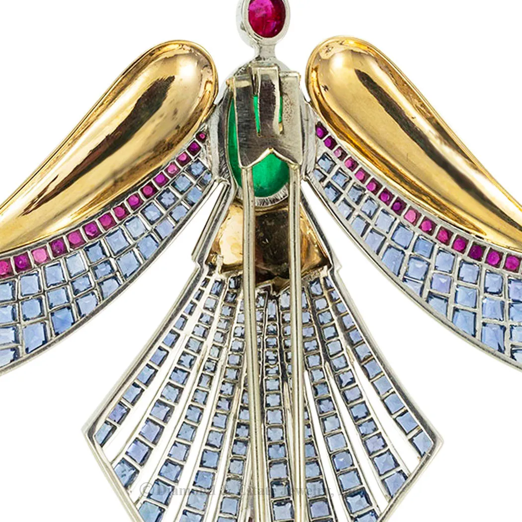 Emerald Ruby Sapphire Gold Phoenix Bird Clip Brooch