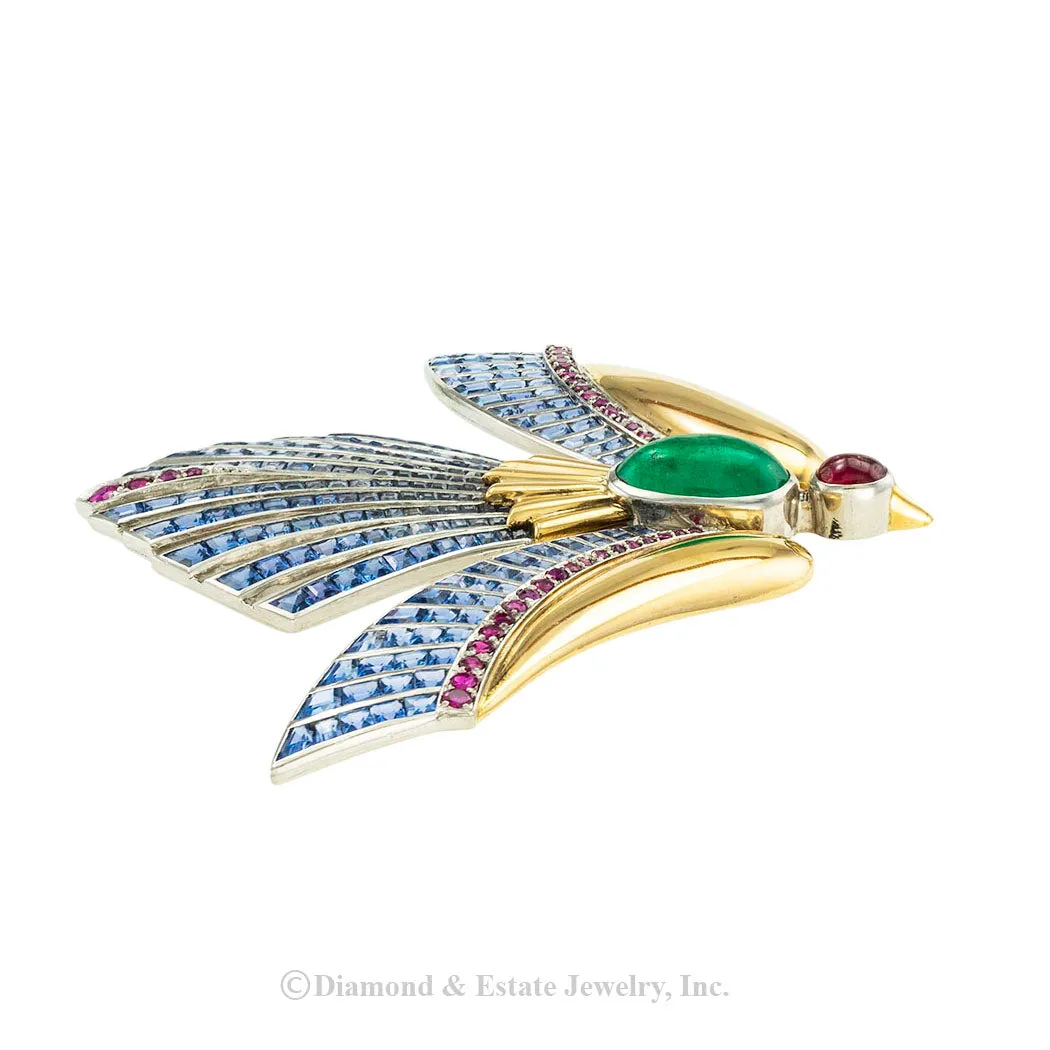 Emerald Ruby Sapphire Gold Phoenix Bird Clip Brooch