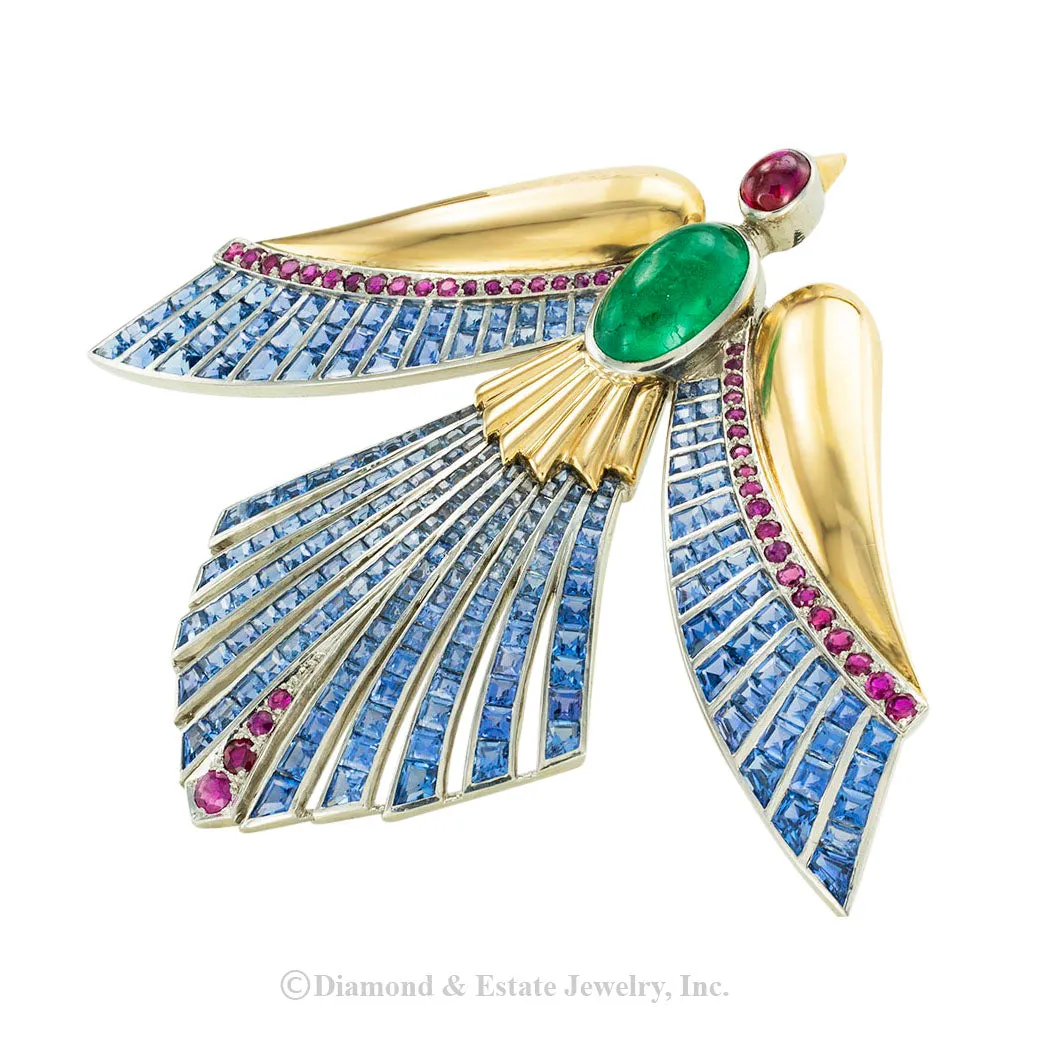 Emerald Ruby Sapphire Gold Phoenix Bird Clip Brooch
