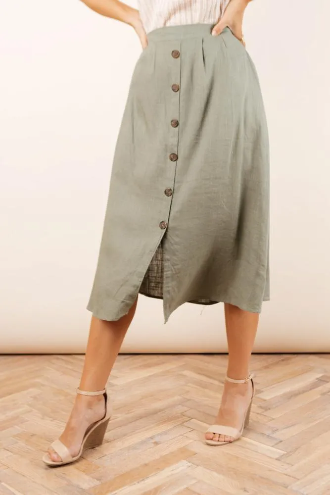 Etta Linen Midi Skirt in Olive