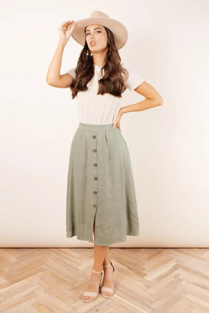 Etta Linen Midi Skirt in Olive