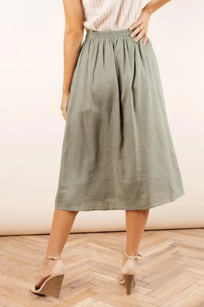 Etta Linen Midi Skirt in Olive