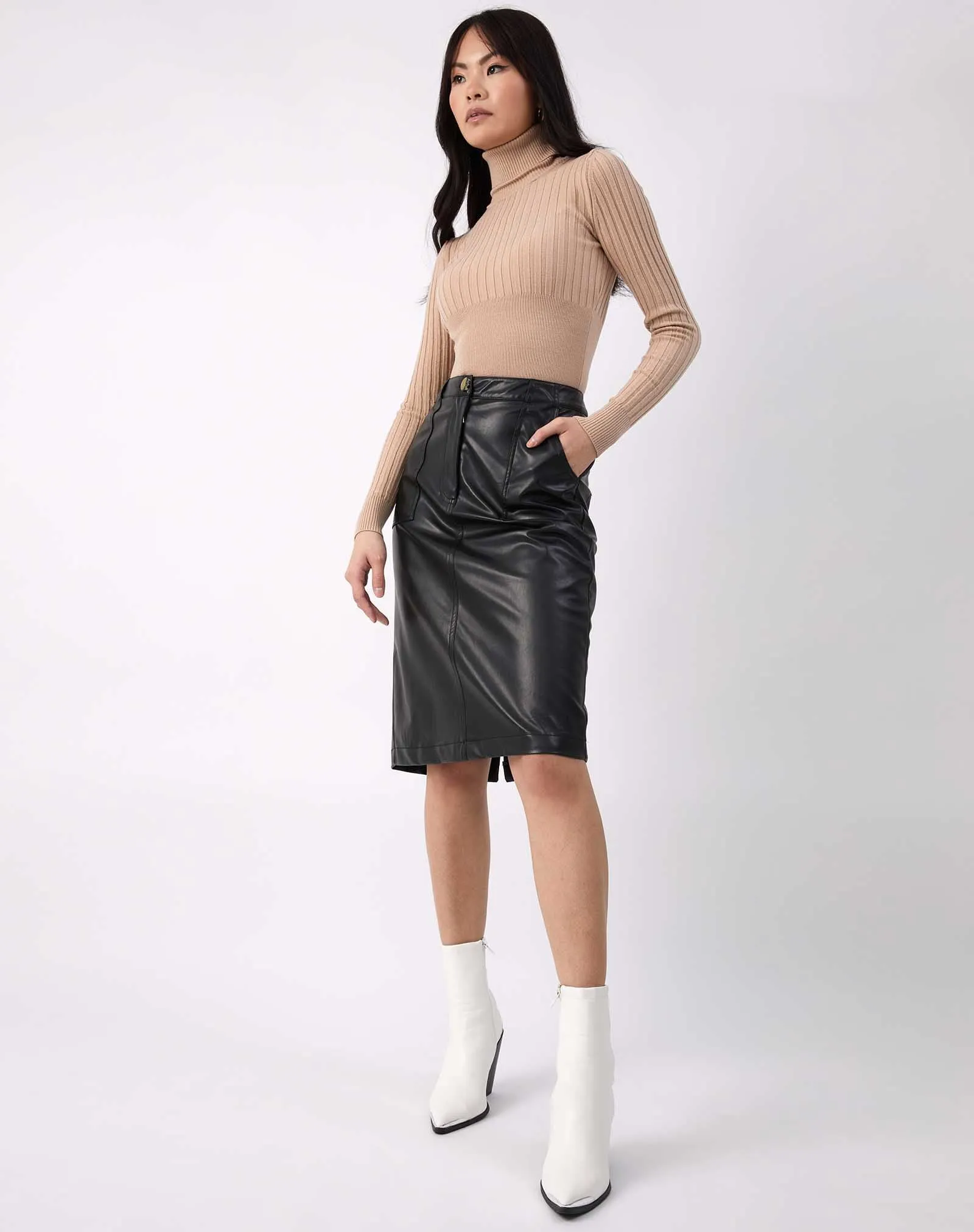 Faux Leather PU Midi Skirt With Pockets in Black | Vita