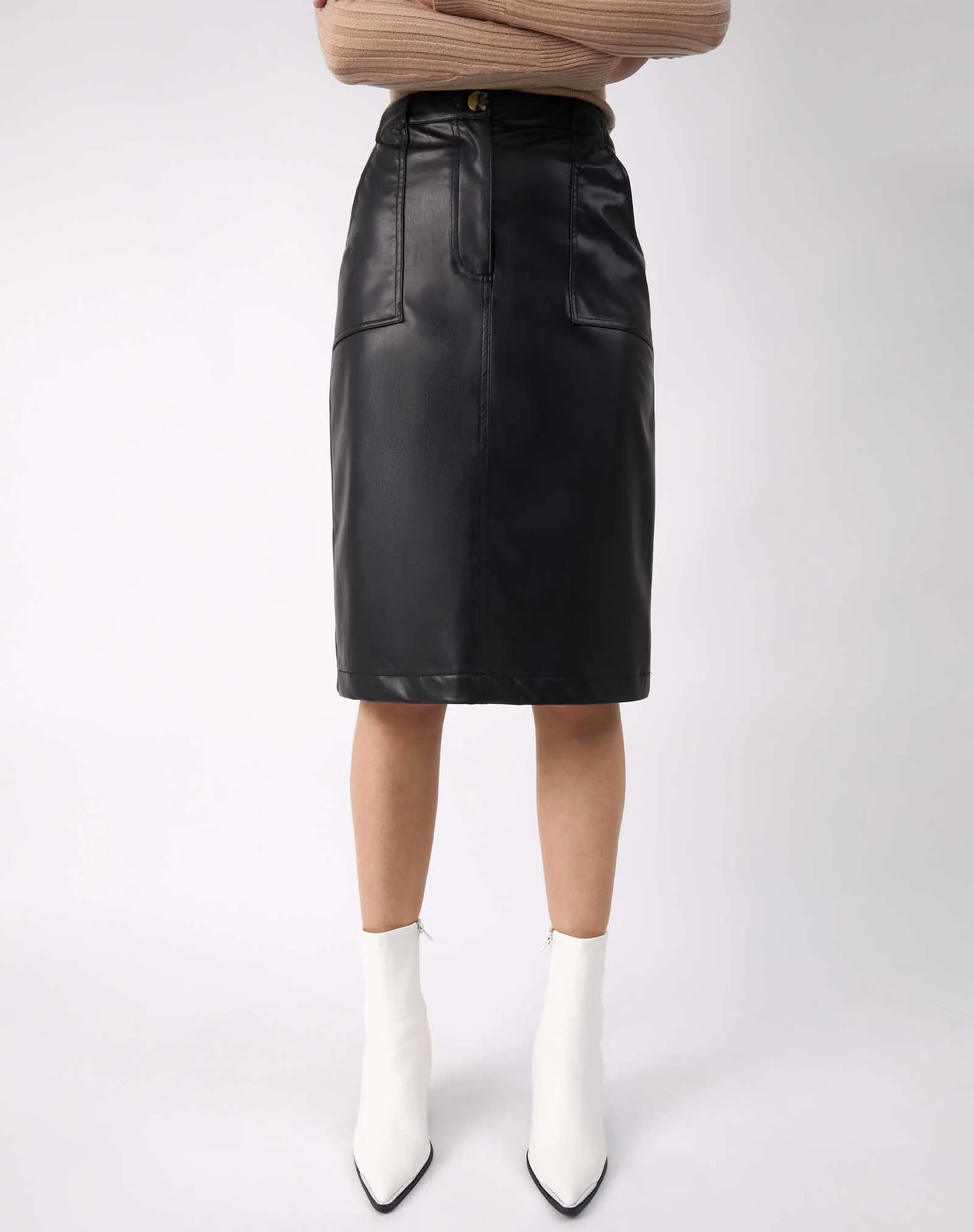 Faux Leather PU Midi Skirt With Pockets in Black | Vita