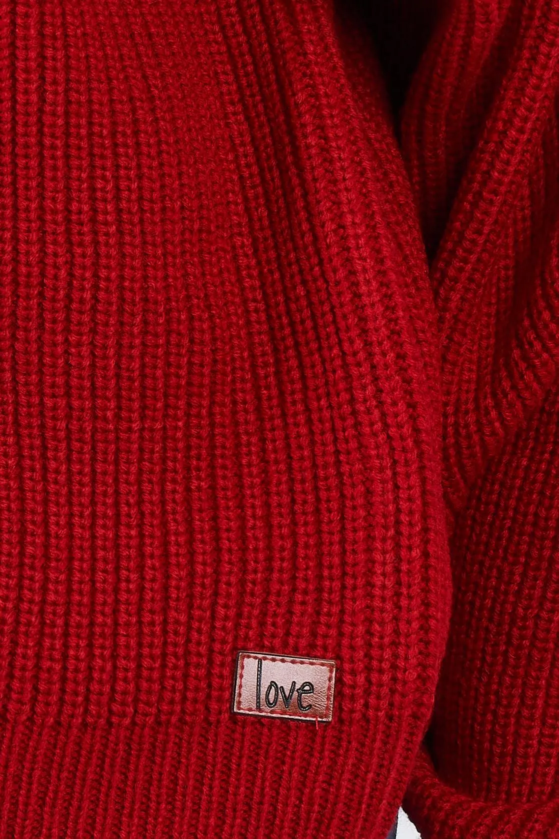 Fire Red "LOVE" Graphic Oversized Dolman Sleeve Shoulder Cutout Loose Fit Turtleneck Sweater /2-2-2-1