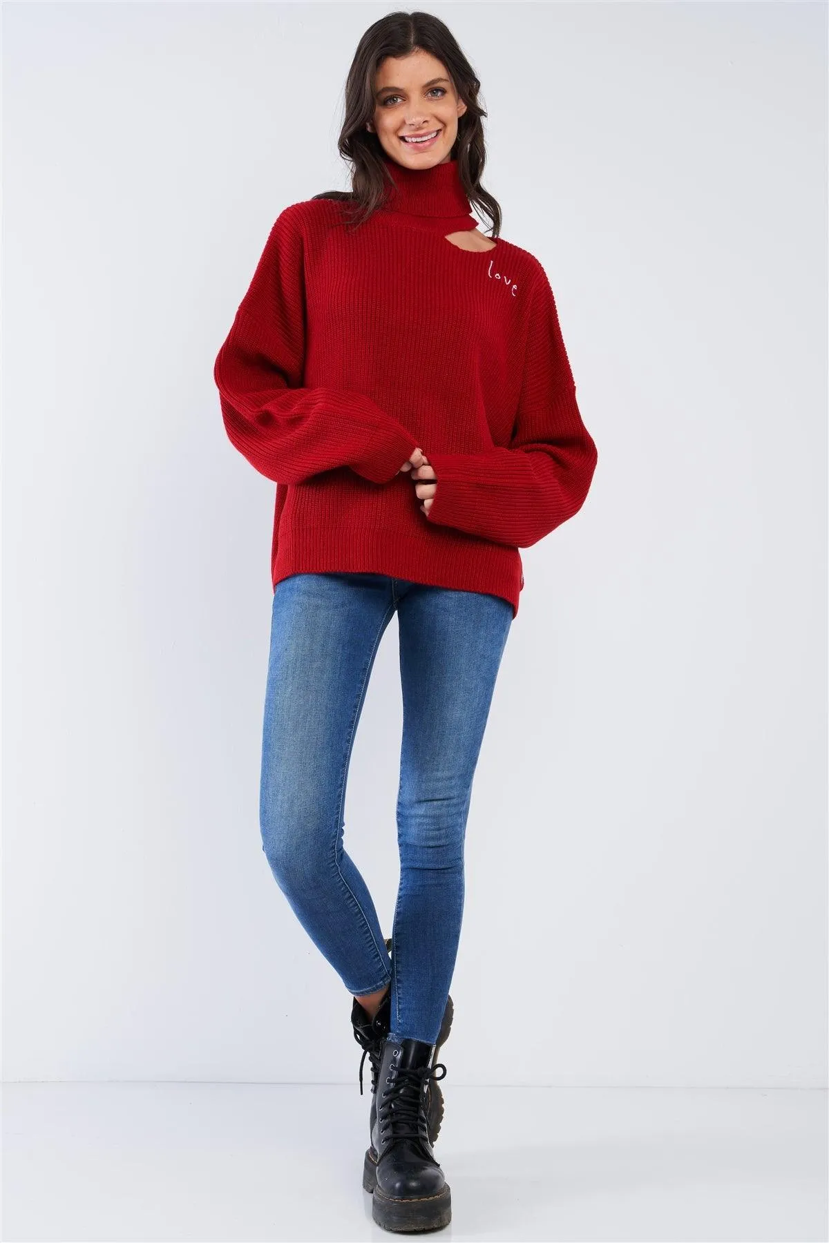 Fire Red "LOVE" Graphic Oversized Dolman Sleeve Shoulder Cutout Loose Fit Turtleneck Sweater /2-2-2-1