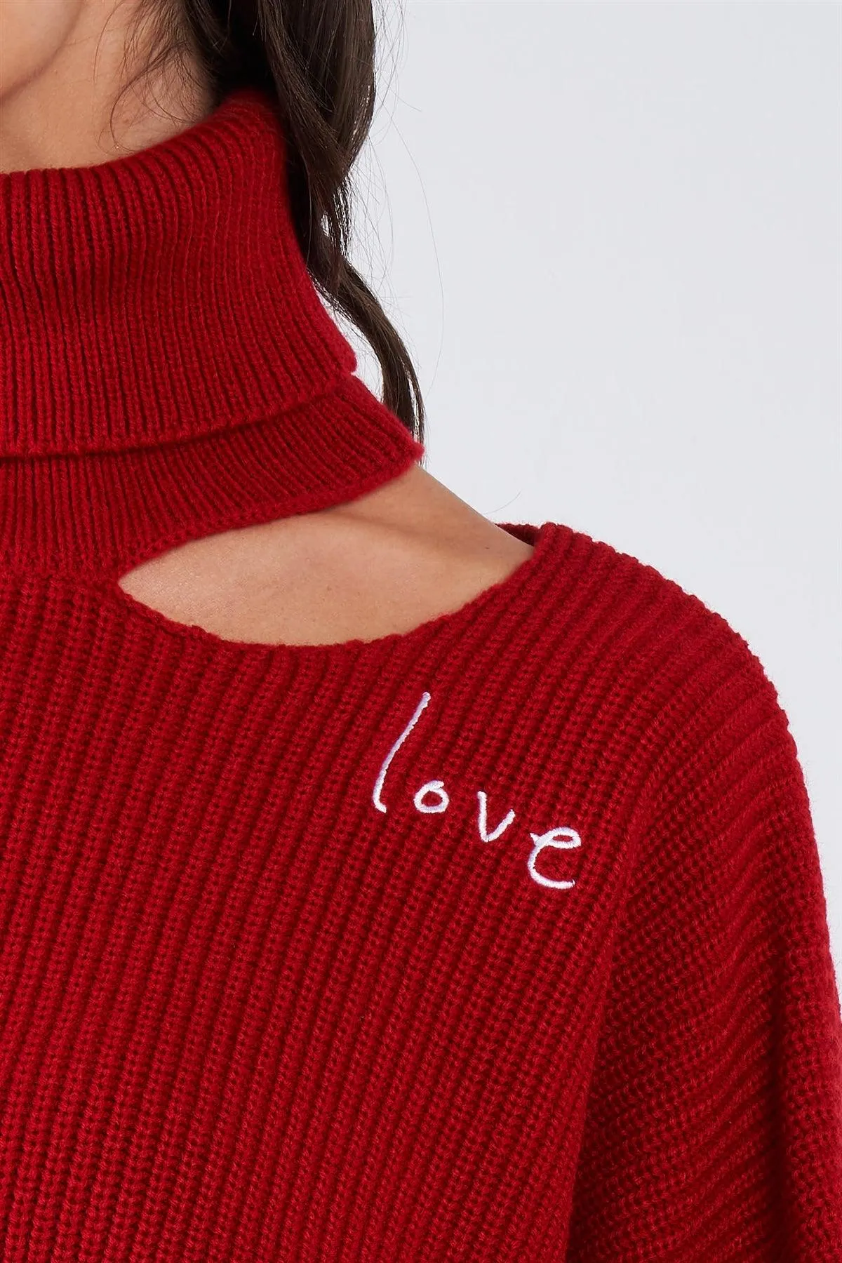 Fire Red "LOVE" Graphic Oversized Dolman Sleeve Shoulder Cutout Loose Fit Turtleneck Sweater /2-2-2-1