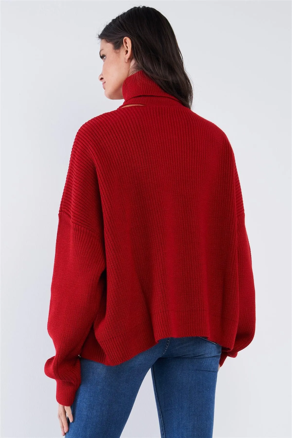 Fire Red "LOVE" Graphic Oversized Dolman Sleeve Shoulder Cutout Loose Fit Turtleneck Sweater /2-2-2-1