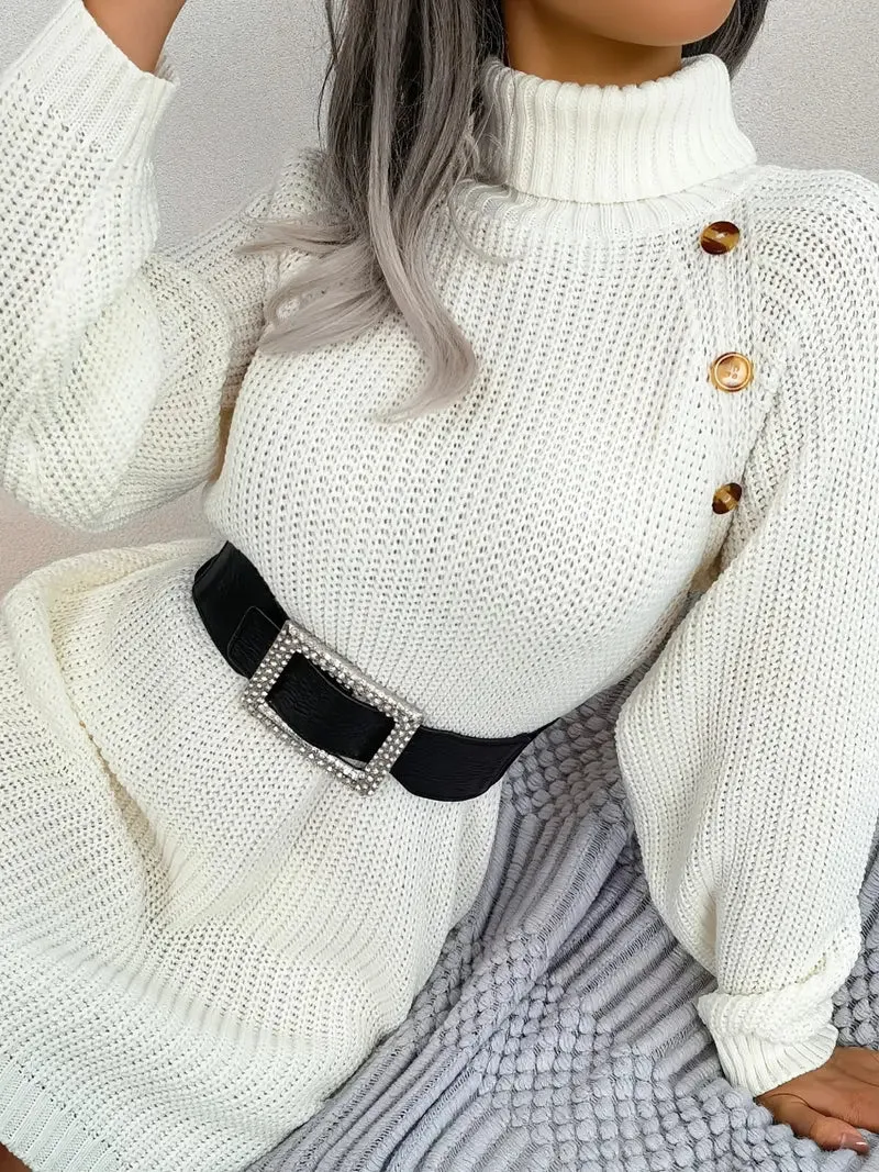 Flytonn- Turtleneck Bodycon Button Slim Sweater Dress