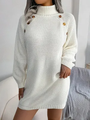 Flytonn- Turtleneck Bodycon Button Slim Sweater Dress