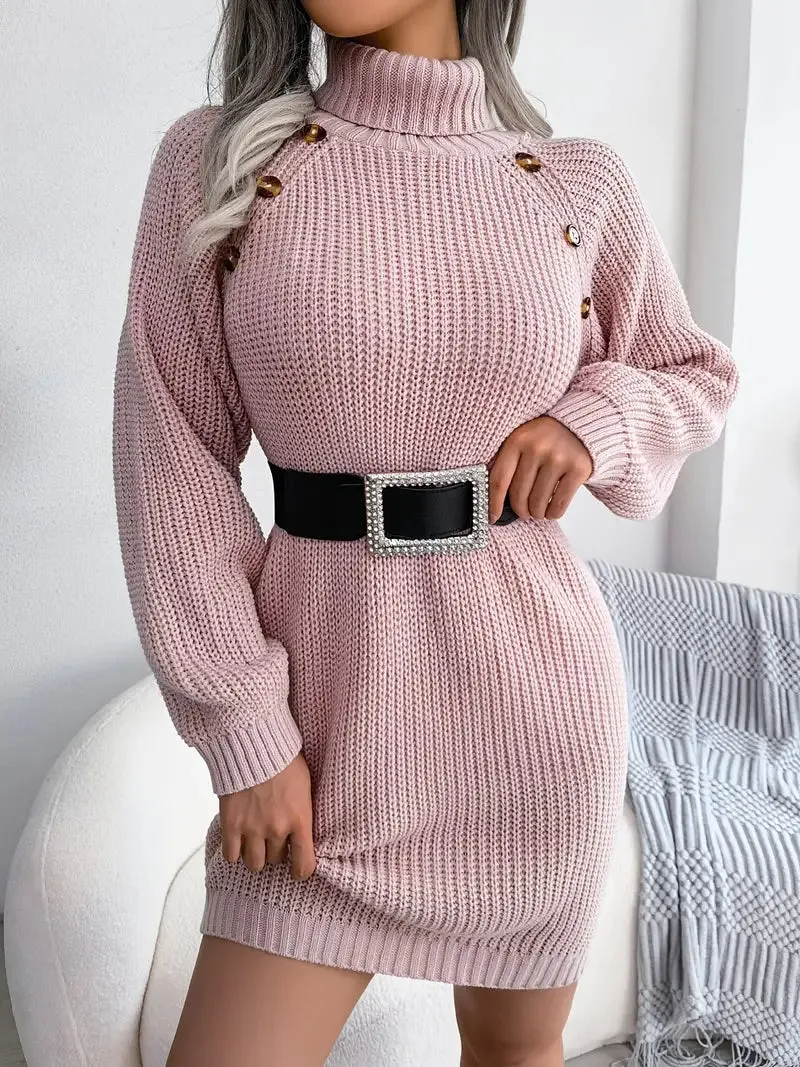 Flytonn- Turtleneck Bodycon Button Slim Sweater Dress
