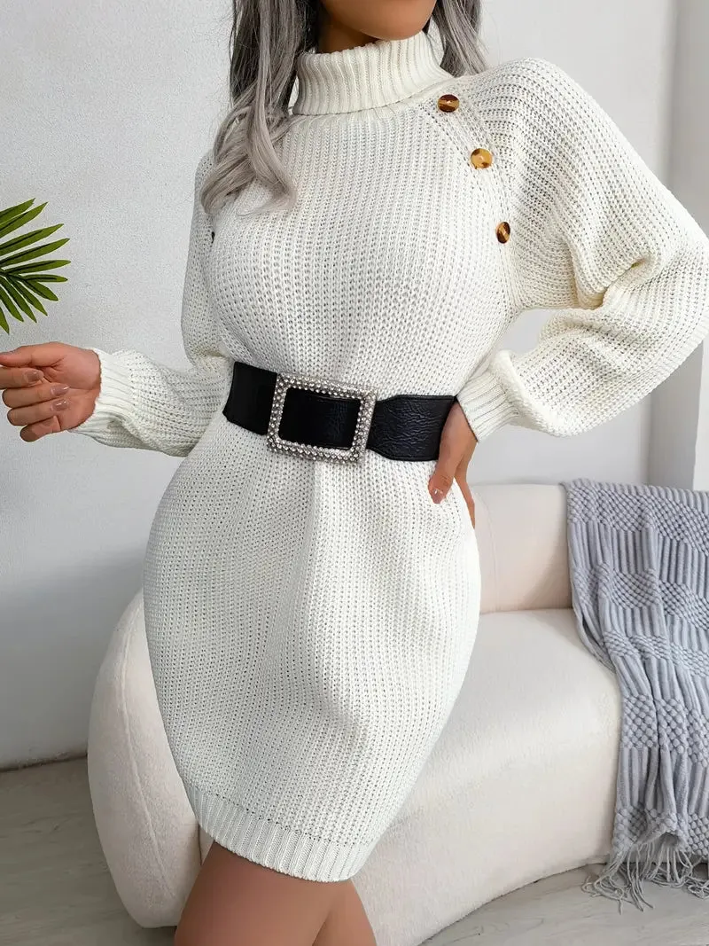 Flytonn- Turtleneck Bodycon Button Slim Sweater Dress