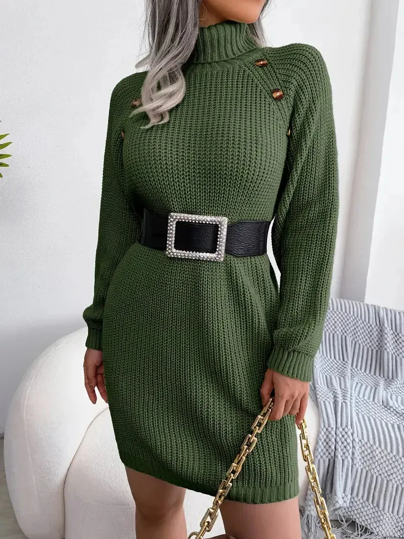 Flytonn- Turtleneck Bodycon Button Slim Sweater Dress