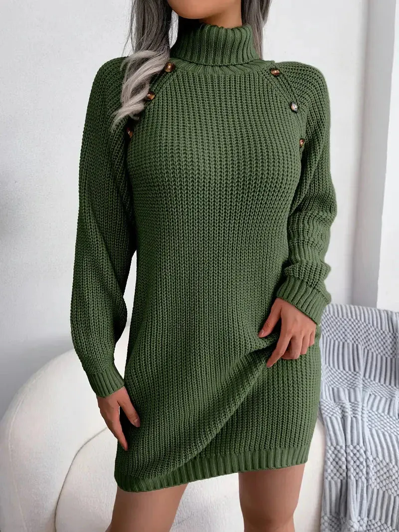 Flytonn- Turtleneck Bodycon Button Slim Sweater Dress