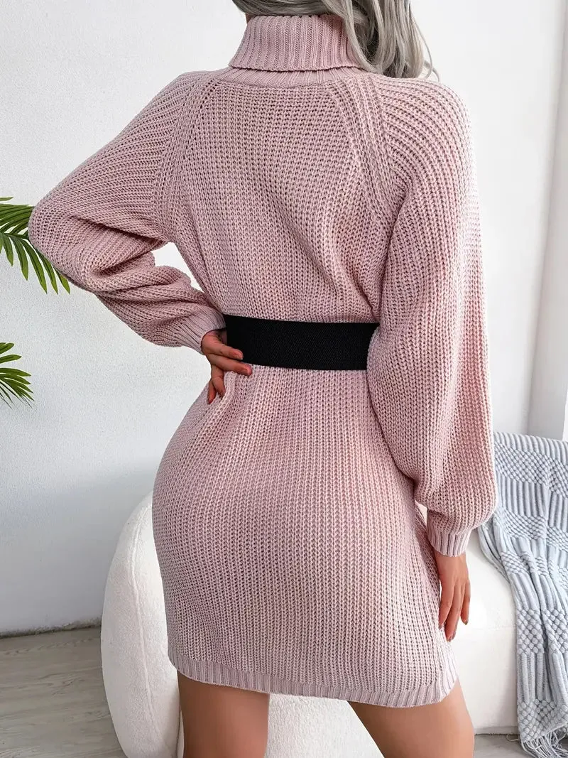 Flytonn- Turtleneck Bodycon Button Slim Sweater Dress