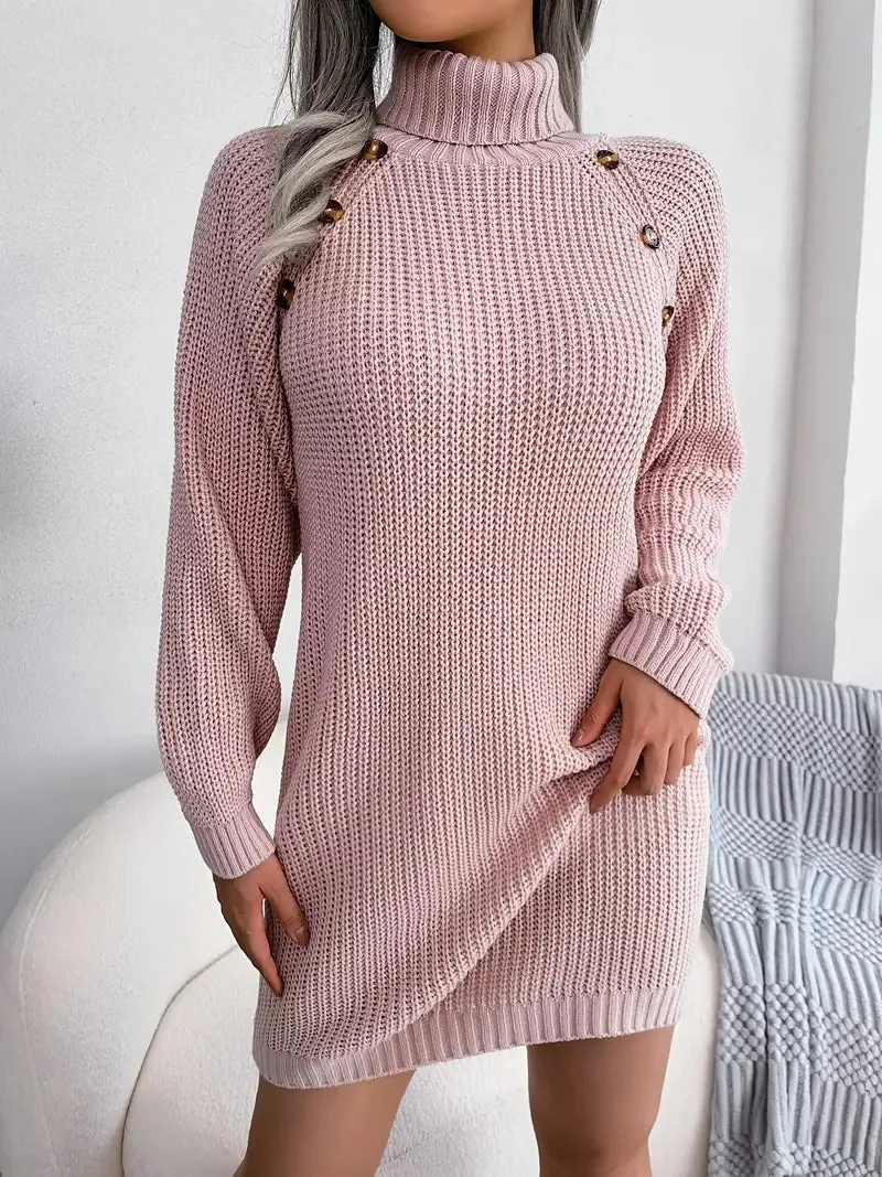 Flytonn- Turtleneck Bodycon Button Slim Sweater Dress