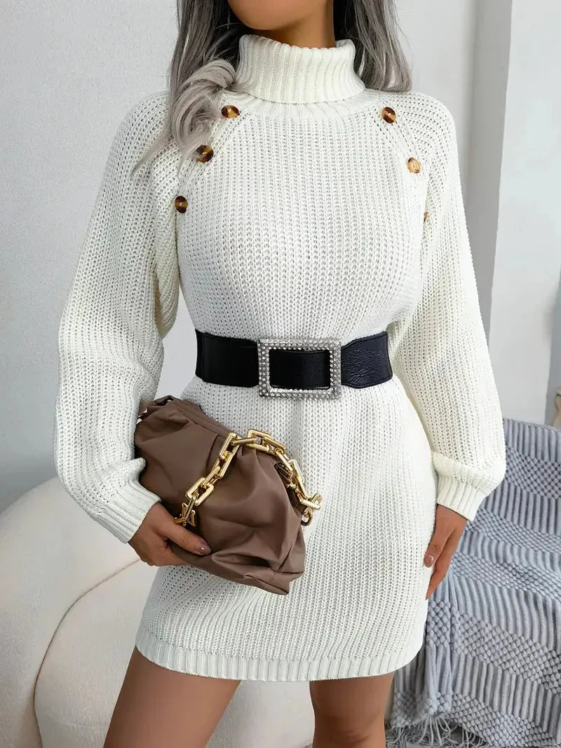 Flytonn- Turtleneck Bodycon Button Slim Sweater Dress