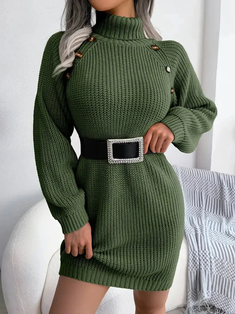 Flytonn- Turtleneck Bodycon Button Slim Sweater Dress